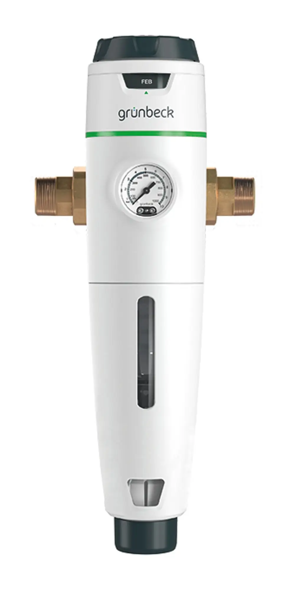 Automatikfilter mit Druckminderer von Grünbeck, in Weiß, mit sichtbarem Manometer und einsehbarem Wasserstand, zwei Anschlüssen aus Messing an den Seiten.